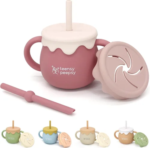 Vista 11 de Tarro de Miel Recipiente 3 en 1 Taza de Entrenamiento de Silicona de 8.5 onzas, Vaso Entrenador para Bebé con Popote y Taza de Snacks para 6 meses+