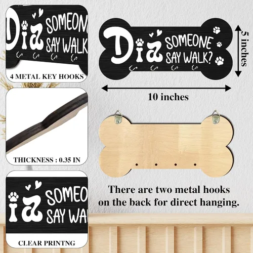 Vista 2 de Llavero de madera con 4 ganchos – Did Someone Say Walk Dog Organizador de llaves decorativo para pared – Casa Oficina Cocina Pasillo Entrada