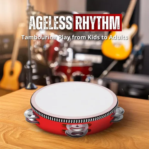 Vista 4 de Flexzion Pandereta de madera de mano para adultos de 6 pulgadas, doble fila de 8 pares de jingles (rojo) - Instrumento musical de pandereta redonda
