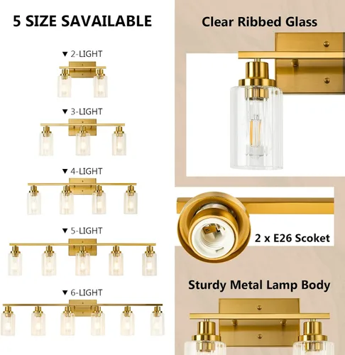 Vista 5 de Jonsi Accesorios de iluminación de baño dorados, 2 luces de tocador de oro cepillado con pantalla de vidrio estriada, luces modernas sobre espejo