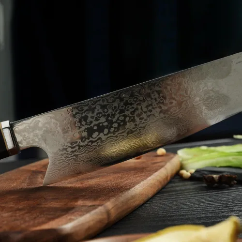 Vista 4 de Seido Knives Kiritsuke - Cuchillo de chef de acero Damasco, mango de madera estabilizado con resina epoxi, cuchillo de cocina profesional VG10