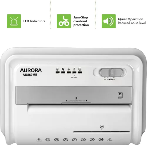 Vista 5 de Aurora Trituradora de alta seguridad de 8 hojas con microcorte para papel, CD/DVD y tarjetas de crédito, Blanco/Gris