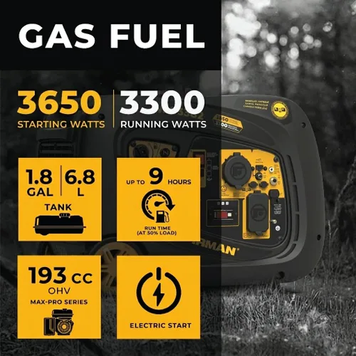 Vista 2 de FIRMAN Generador portátil con inversor de gas W03382, potencia de arranque eléctrico de 3650 W, silenciador silencioso de la serie Whisper, modo