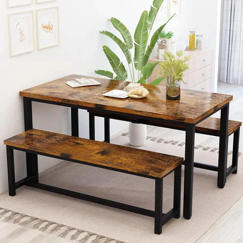 Vista 8 de Recaceik - Juego de mesa de comedor para 4, juego de mesa de cocina con 2 bancos de cena, mesa de desayuno de granja para apartamento de espacio
