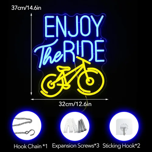 Vista 5 de Letrero de neón con texto en inglés "Enjoy The Ride", letrero de neón para gimnasio, luz de neón motivacional, para hacer ejercicio, bicicleta