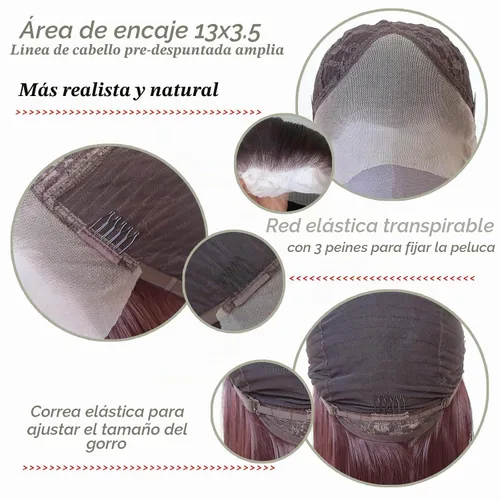 Vista 6 de 99J Peluca larga y lisa 99J color borgoña sintética con encaje frontal, predesfilada con línea de cabello natural para mujeres de moda, cabello