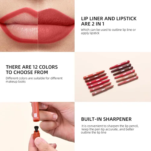 Vista 3 de Lápiz labial 2 en 1, delineador de labios, lápiz delineador de labios, lápiz labial delgado, brillo de labios de belleza, lápiz labial mate de punta
