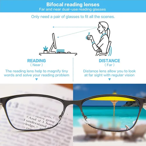 Vista 7 de Gafas de lectura bifocales para mujer, bloqueo de luz azul con parte superior transparente, lector de computadora, marco de metal ancho, elegantes