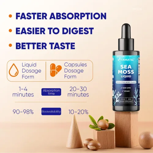 Vista 4 de Vitamatic Musgo marino irlandés orgánico líquido, fabricado con vejiga y raíz de bardana, 2800 mg por porción, 2 onzas líquidas, suplemento de masa