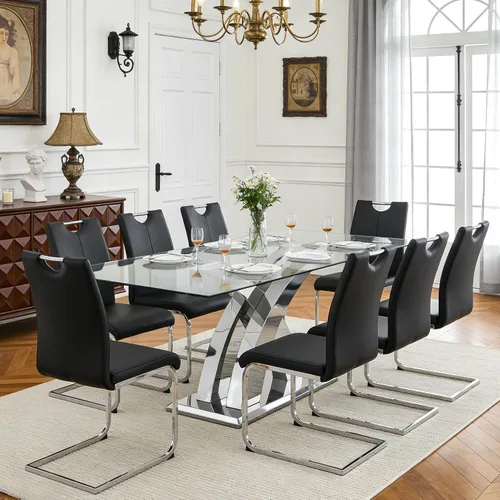 Vista 29 de Juego de mesa de comedor de vidrio de 70 pulgadas para 4, mesa rectangular de cristal dorado con 4 sillas de piel sintética, juego de mesa de Mesa