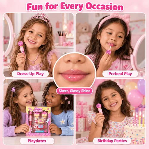 Vista 5 de M&U MAKE YOU UP MU Set de 6 barras de brillo labial dulce de caramelo para niños - 1 barra recta, 2 barras de helado y 2 barras de bálsamo