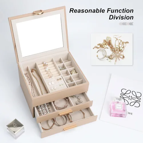 Vista 5 de Elegant Gift Jewelry Box with Mirror - 3-Layer Organizer for Earrings, Rings, Necklaces, Ready to Give for Birthday Anniversary Christmas Apricot