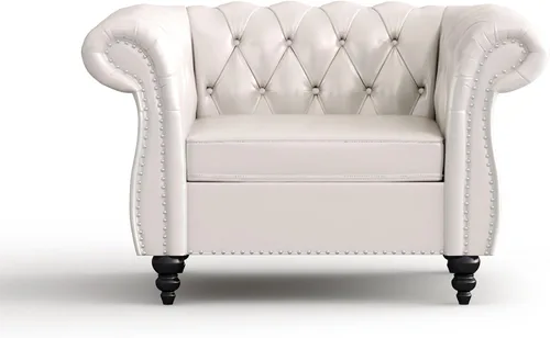 Vista 5 de Sofá grande de poliuretano, conjunto de sofá moderno, sofá clásico copetudo Chesterfield con respaldo copetudo para sala de estar (blanco 1+3)