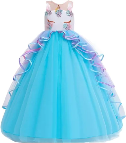 Vista 2 de Disfraz de unicornio para niñas, vestido largo de tul con diadema, fiesta de cumpleaños, carnaval, cosplay