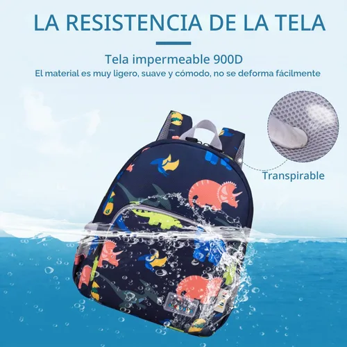 Vista 6 de willikiva Mochila de dinosaurio 3D para niños y niñas, mochila impermeable con arnés de seguridad preescolar (azul oscuro)