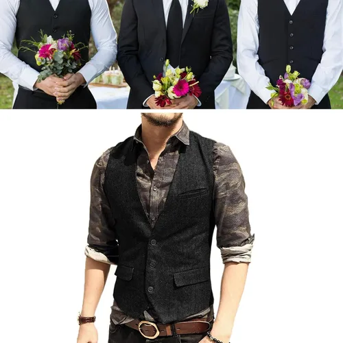 Vista 5 de Chaleco de vestir para hombre, talla grande, con 3 bolsillos, estilo casual, espiga, tweed, ajustado, chaleco sin mangas, para fiesta de graduación