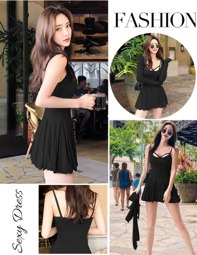 Vista 3 de ADOME Vestidos sexys para mujer, sin mangas, con tirantes delgados, mini vestido de fiesta para club, dobladillo con volantes, vestido sin cordones