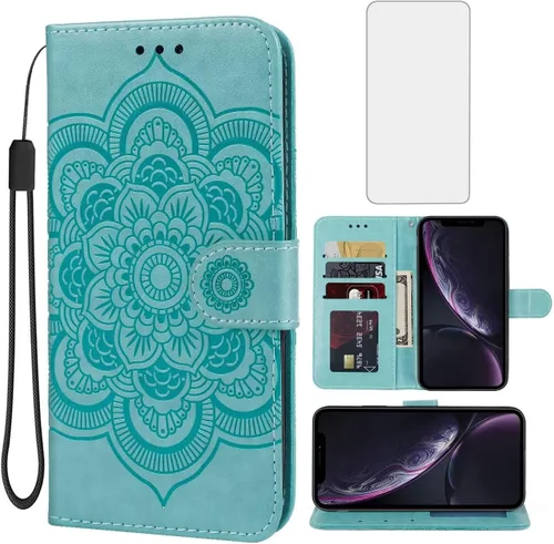 Vista 9 de Funda para iPhone XR, para Apple XR con protector de pantalla de vidrio templado, diseño de mandala en relieve, soporte para tarjeta de crédito