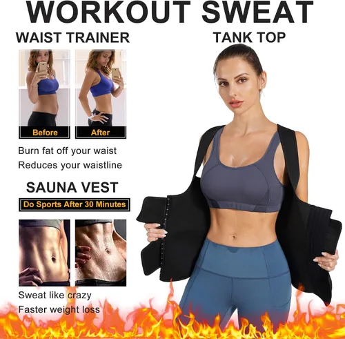 Vista 2 de Nebility Chaleco de sauna para mujer, para pérdida de peso, entrenamiento de cintura 2 adjustable waist belts and 4 hook rows adjust compression.