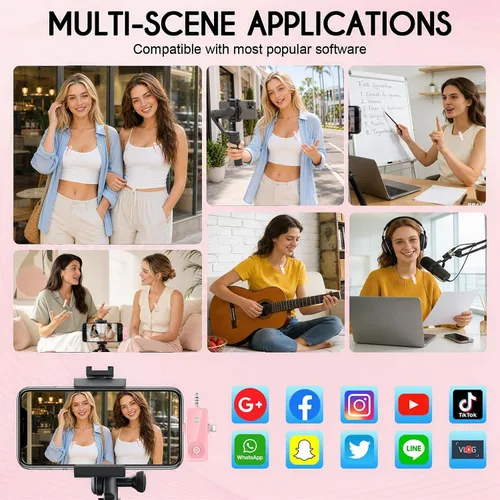 Vista 7 de 2 MINI Micrófono Lavalier Inalámbrico para iPhone/Android/Cámara Rosa