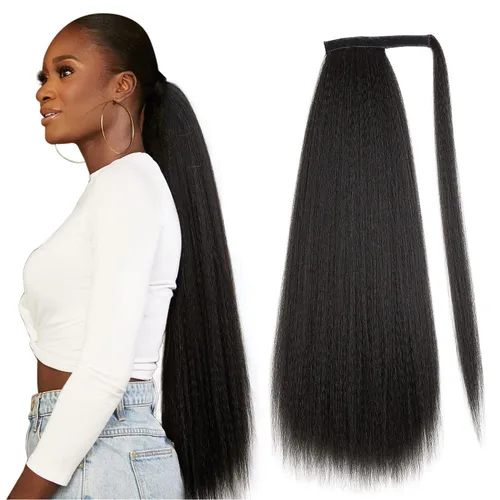 Vista 11 de WIGNEE Extensión de cola de caballo larga rizada recta y envolvente, extensión de cola de caballo Yaki negro natural para mujeres negras, Marrón