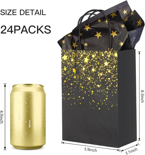 Vista 2 de Sharlity Bolsas de regalo pequeñas de color negro y dorado, 24 bolsas de papel de fiesta con papel de seda de estrella para Halloween, Año Nuevo
