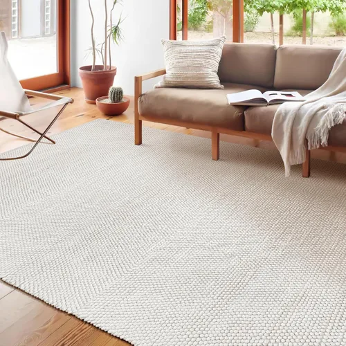 Vista 4 de Savi Home Alfombra de área tejida a mano de mezcla de lana y algodón 4x6', alfombra trenzada con textura tipo palomitas color marfil, alfombra suave