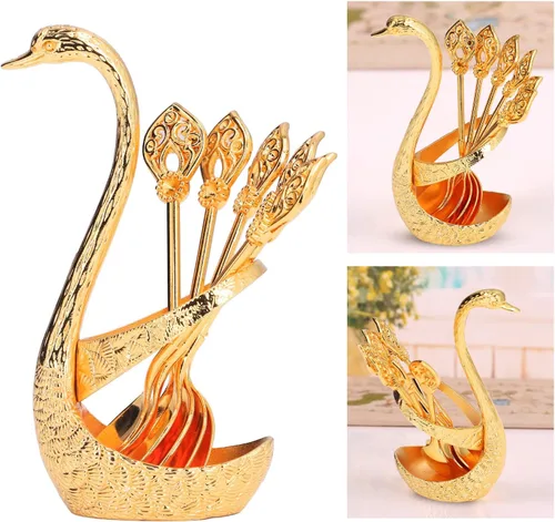 Vista 8 de Juego de cuchara de metal para postre de café, juego de cuchara de café, soporte para cuchara con base de cisne, soporte para cuchara de café, juego