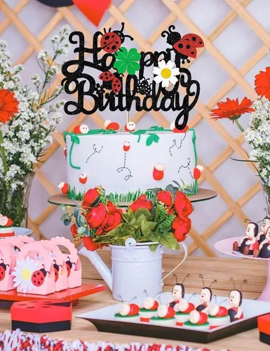 Vista 8 de Decoración para tartas de mariquitas, decoración de feliz cumpleaños para niños y niñas, mariquita con purpurina, trébol de margaritas, suministros