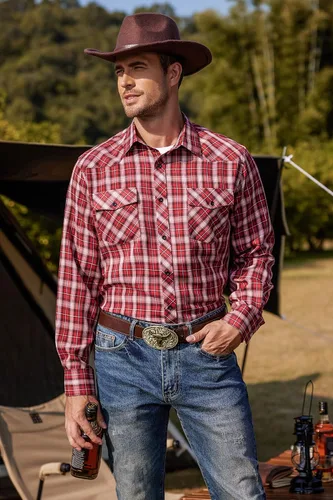 Vista 3 de COOFANDY Camisas vaqueras occidentales para hombre, de manga larga, casual, con botones, con bolsillos