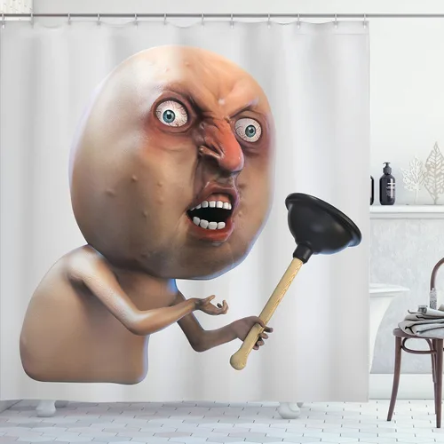 Vista 29 de Ambesonne Cortina de ducha humor, Why You No Plunger Guy Meme Face Angry Grumpy Washroom Design Print, juego de decoración de baño de tela