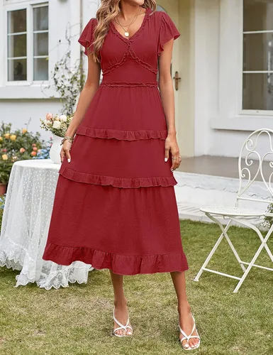 Vista 2 de MEROKEETY Vestido de verano casual para mujer 2023 con cuello en V, manga con volados, cintura alta, volantes y escalonado