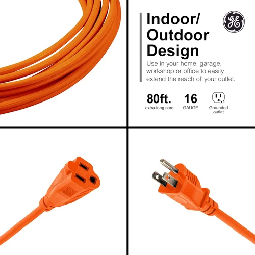 Vista 2 de GE Cable de extensión largo para exteriores, 80 pies, resistente a tierra, 16 AWG, 3 puntas, certificación ETL, naranja (81703) (paquete de 2)