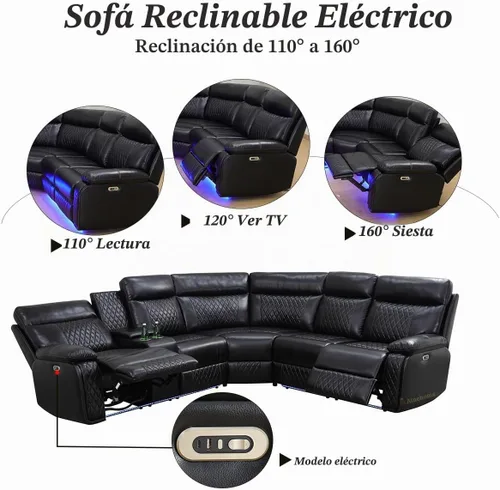 Vista 4 de A Ainehome Sofá modular reclinable eléctrico con LED, juego de sofá modular eléctrico de cuero negro, juego de muebles de sala con carga USB