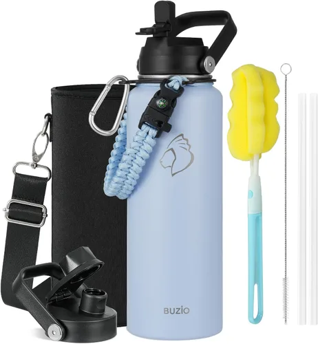 Vista 39 de BUZIO Botella de agua de 32 onzas aislada con popote y 3 tapas y bolsa de transporte, a prueba de fugas, frasco jarra de agua de acero inoxidable
