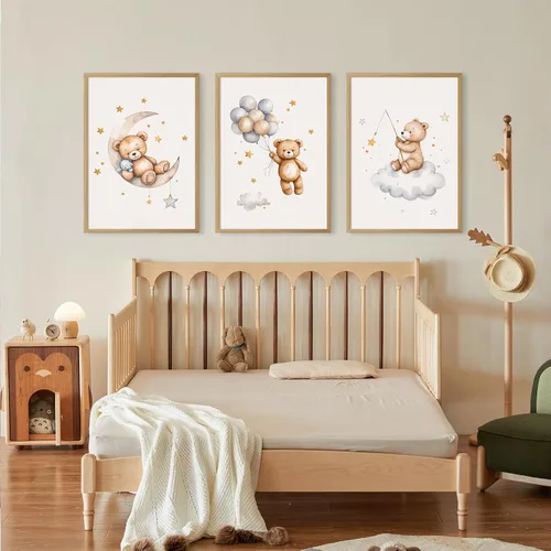 Vista 5 de Baccone Arte de pared para habitación de guardería con oso de peluche, póster para habitación de bebé niño o niña, decoración de pared de guardería