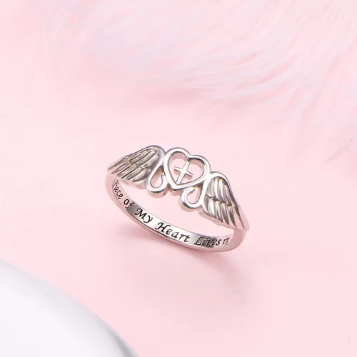 Vista 4 de FLYOW Anillo de plata de ley S925 A Piece of My Heart Lives in Heaven con alas de ángel para mujer, joyería de recuerdo de mamá, papá, abuela