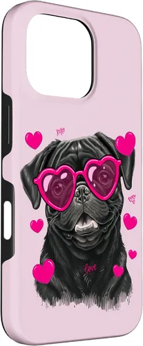 Vista 3 de iPhone 16 Pro Negro Pug Regalo Para Mujeres Corazón Pug Mamá San Valentín Pugs Kisses Case