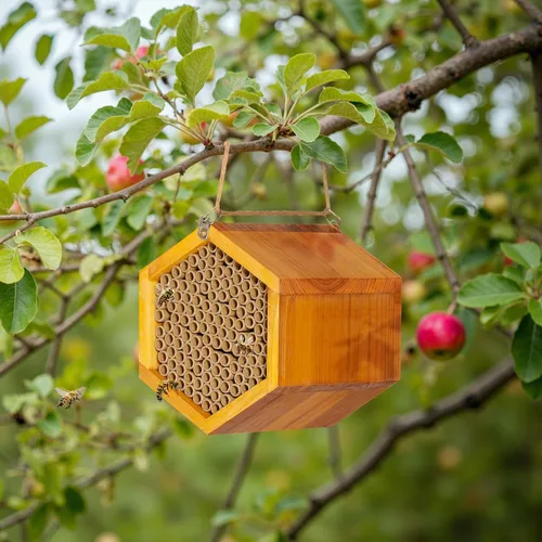 Vista 4 de Mason Bee House - Colmena de abejas de madera natural hecha a mano recubierta con cera para una larga vida útil y resistente al agua - Atrae