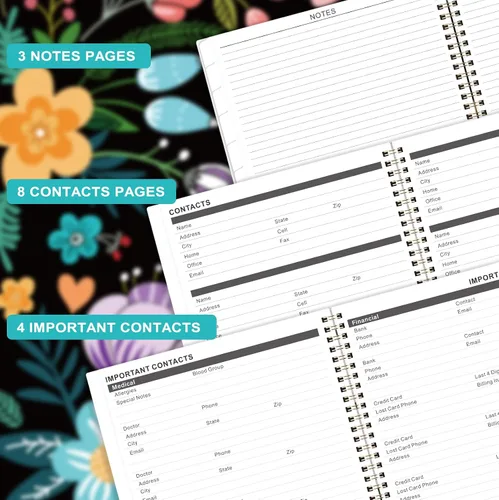 Vista 4 de Agenda mensual floral de 3 años, julio de 2024 a junio de 2027, con 36 pestañas mensuales coloridas y bolsillo