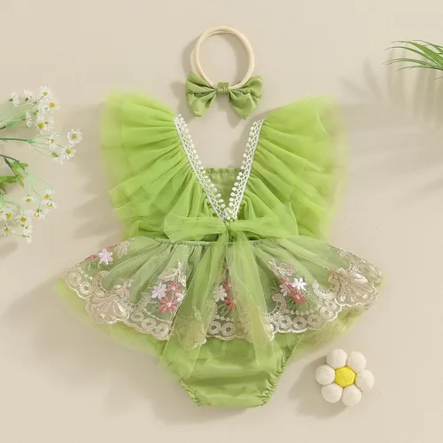 Vista 3 de Ursobutegl Mameluco de princesa para bebé recién nacida, vestido de malla bordado, elegante, tutú con falda, overol para cumpleaños