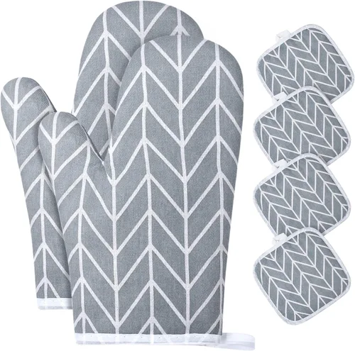 Vista 13 de AUAUY Guantes de horno y soportes para ollas Juego de 6 piezas, guantes de cocina resistentes al calor de 392°F y almohadillas térmicas Guantes