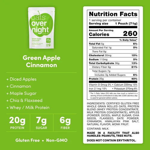 Vista 2 de Oats Overnight - Manzana verde canela - Batido alto en proteínas, bajo en azúcar para desayuno, sin gluten, alta fibra, avena sin OMG