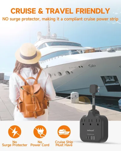 Vista 6 de Divisor de enchufes múltiples, tira de alimentación de cable ultracorto de 0.2 pies de 1625 W, 3 tomacorrientes, 4 USB (2 USB-C), extensor