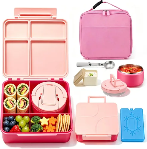 Vista 10 de Lonchera Bento con termo de sopa de 8 onzas, a prueba de fugas, 4 compartimentos, para niños, con taza de salsa y bolsa de hielo, tarro de comida