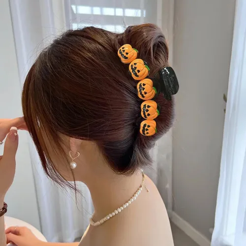 Vista 5 de Pinzas para el pelo de calabaza de Halloween, bonito diseño para cabello grueso, accesorios antideslizantes para mujeres y niñas