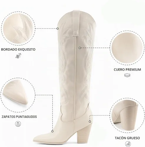 Vista 5 de WIRALOMI Botas de vaquero para mujer, hasta la rodilla, botas de vaquera con tacón grueso bordado, botas altas occidentales Beige