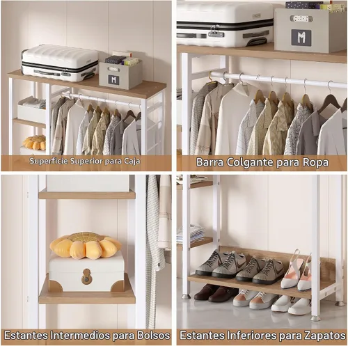 Vista 2 de VECELO Perchero abierto para ropa, armario de almacenamiento resistente con 5 estantes y barra para colgar para espacios pequeños, carga máxima