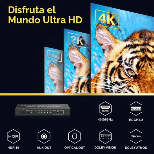 Vista 4 de 5 en 1 salida 4K @60Hz HDMI Switch Extractor de audio con óptico y salida de 0.138 in, divisor de audio HDMI 2.0 compatible con HDR 10, HDCP 2.2