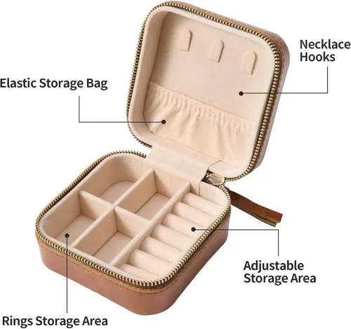 Vista 5 de Ringsun Joyero de cuero genuino pequeño joyero de viaje para mujer, organizador de viaje portátil para anillos, aretes, collar, pulsera